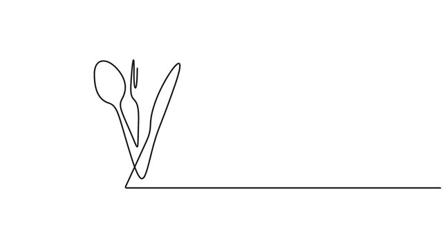 Self animated single continuous line drawing of a standard cutlery set, specifically a spoon, fork, and knife