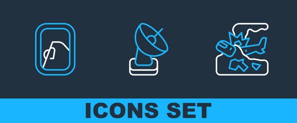 Set line Plane crash, Airplane window and Radar icon. Vector