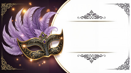 Elegant masquerade mask with ornate gold and purple feathers glittering on a dark festive background for a luxury carnival party concept with ample white copy space