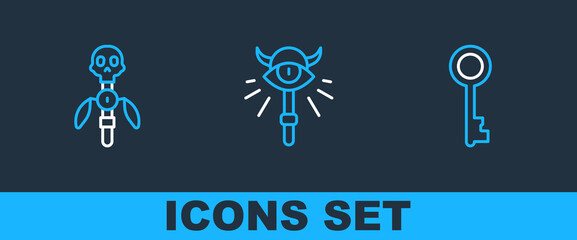 Set line Old key, Magic staff and icon. Vector