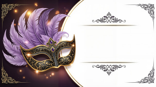 Elegant masquerade mask with ornate gold and purple feathers glittering on a dark festive background for a luxury carnival party concept with ample white copy space - Powered by Adobe
