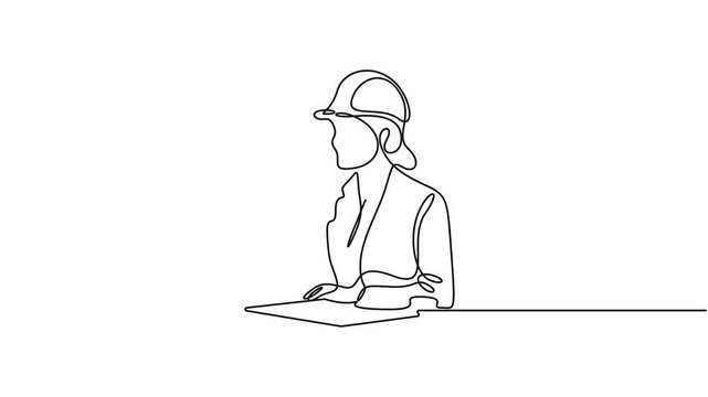 Self animated continuous line drawing of a female architect, engineer, or construction worker sitting at a desk and writing on a document