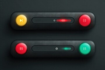 These abstract play buttons, shown in pause and play modes, feature a sleek design with bright lights to indicate the function of each control