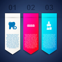 Set Tooth with caries, Teeth braces and Mouthwash bottle. Business infographic template. Vector