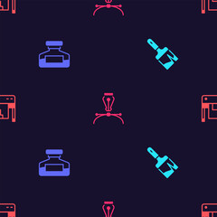 Set Paint brush, Ink bottle, Fountain pen nib and Plotter on seamless pattern. Vector