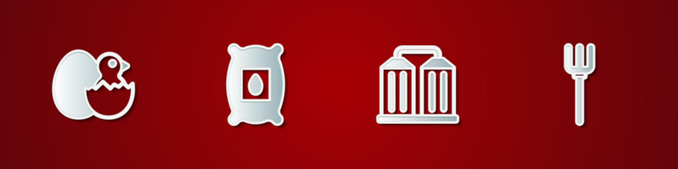 Set Little chick in cracked egg, Pack full of seeds of plant, Granary and Garden pitchfork icon. Vector