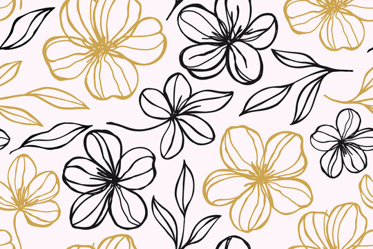 Elegant floral pattern with black and gold hand drawn flowers and leaves seamless botanical line art design for fabric textile wallpaper wrapping paper modern decorative artwork.
