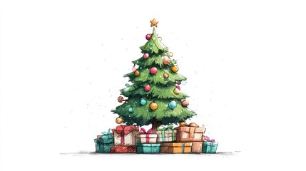 Watercolor christmas tree with gifts and decorations on a white background
