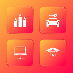 Set Ranking star, Car rental, Computer network and UFO abducts cow icon. Vector
