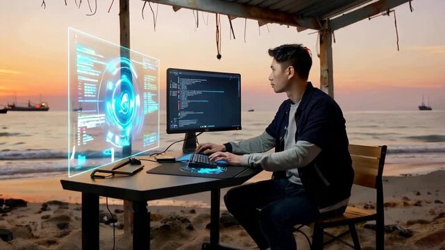 Young Man Working Remotely on Computer with Holographic Display on a Tropical Beach at Sunset.