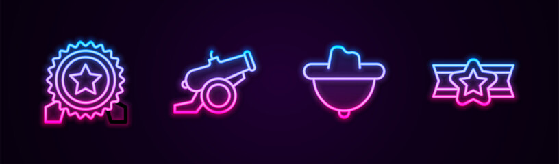 Set line Medal with star, Cannon, Western cowboy hat and Star American military. Glowing neon icon. Vector