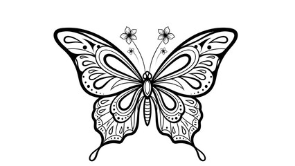 Intricate Butterfly Line Art with Floral Antennae &mdash; Perfect for Coloring Pages, Decorative Design, and Educational Projects