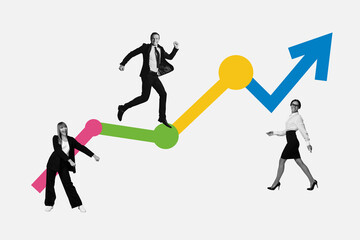 3d banner image pop photo collage of happy business partners girls guy stand arrow development chance aim achievement promotion