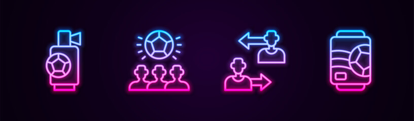 Set line Air horn, Soccer football ball, Substitution player and Beer can. Glowing neon icon. Vector
