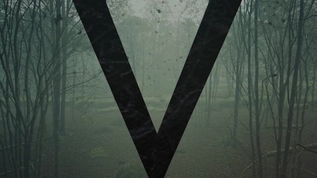 Large bold V letter appearing in a dark foggy forest with eerie atmosphere, creating a mysterious cinematic intro perfect for horror themes, thriller trailers, supernatural stories and dramatic visual