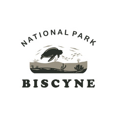 Biscayne National Park vintage logo vector illustration design, turtle design and small fish illustration