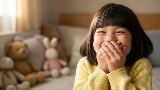 Child giggling with mouth covered in cozy bedroom, childhood joy and warmth in home