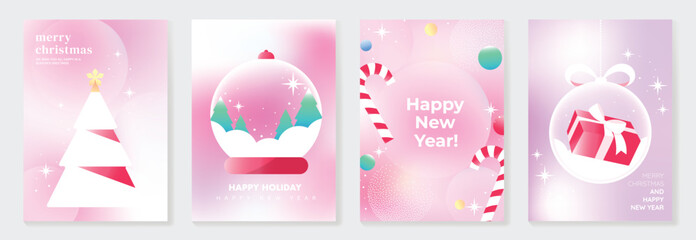 Obraz premium Gradient Christmas vector illustration with pink pastel holiday scenes including tree, snow globe, candy canes, stars, and gift ornaments. Design for greeting cards, happy holiday and happy new year 