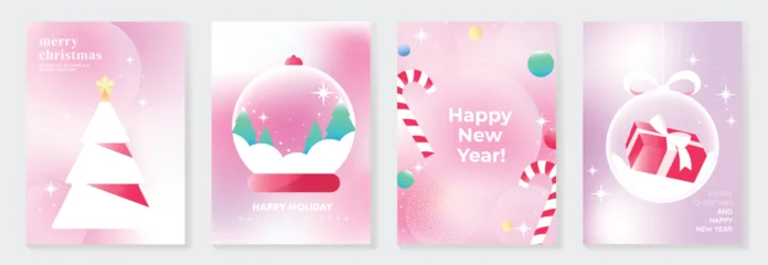 Gordijnen Gekleurd Glas Gradient Christmas vector illustration with pink pastel holiday scenes including tree, snow globe, candy canes, stars, and gift ornaments. Design for greeting cards, happy holiday and happy new year    © TWINS DESIGN STUDIO