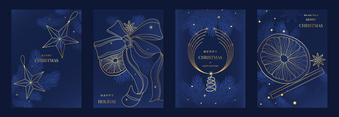 Obraz premium Merry Christmas and Happy New Year greeting card vector set. Luxury navy blue illustration with elegant gold line stars, bows, ornaments and pine branches, perfect for holiday greeting cards, posters 