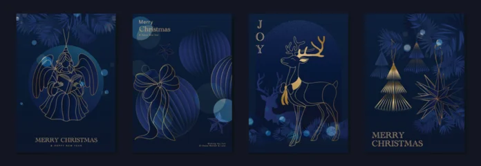 Fototapeten Pony Merry Christmas and Happy New Year greeting card vector set. Luxury navy blue illustration featuring elegant gold line angel, ornaments, reindeer, stars and hanging Christmas trees, perfect for holida  © TWINS DESIGN STUDIO