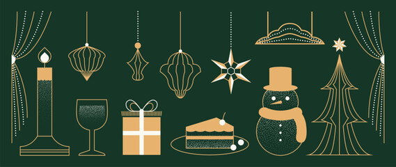 Obraz premium Christmas vector element set. Elegant holiday icons featuring ornaments, candles, gifts, snowman and stars for seasonal designs.