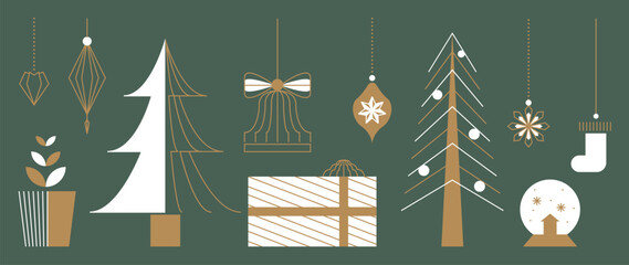 Obraz premium Christmas vector element set. Minimal festive icons including trees, ornaments, gifts and decorations for holiday projects.
