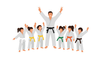 Karate class with kids and instructor celebrating success in martial arts training