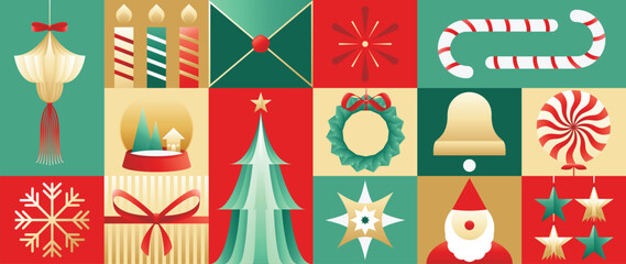 Fototapeta premium Geometric Christmas vector pattern with red and green festive shapes and modern holiday elements. Perfect design for greeting cards, packaging, wallpaper, and happy new year invitations.