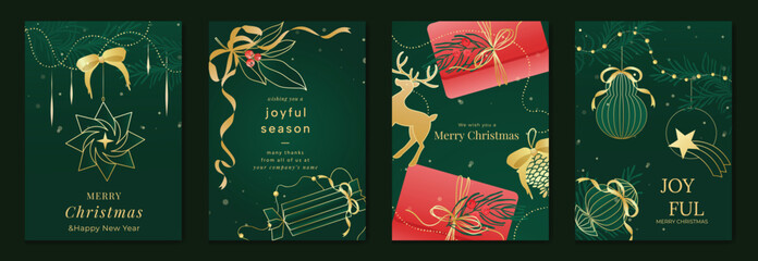 Obraz premium Merry Christmas and Happy New Year greeting card vector set. Elegant green and gold holiday illustration featuring ornaments, bows, reindeer, pine branches and gift boxes.