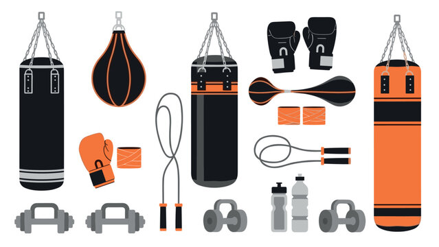 Boxing equipment set with gloves, punching bags, and fitness accessories for gym design - Powered by Adobe