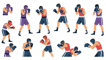 Boxing training techniques with fighters in various stances and safety gear