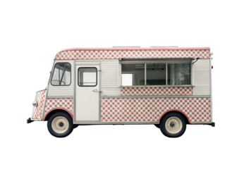 Vintage food truck, pink white checkered pattern, service window, isolated on a transparent background