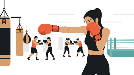Female boxing training illustration with punching bag and sparring in gym - perfect for fitness posters and sports designs