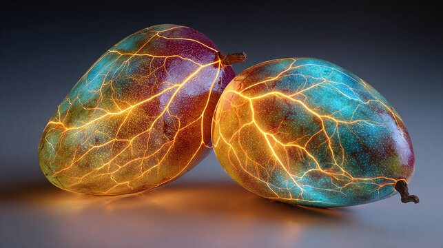 Two iridescent mangoes, with their intricate, glowing veins, exude an ethereal beauty. The juxtaposition of colors against the dark backdrop creates a captivating visual spectacle