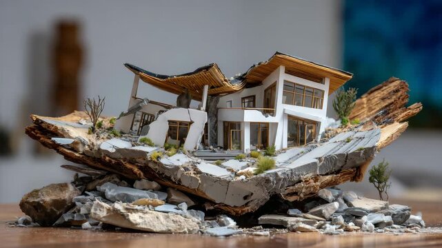 287Detailed miniature house model partially collapsed, roof and walls misaligned, resting on a textured wooden table, emphasizing structural failure in construction