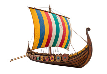 Viking ship with multicolored striped sail, decorative shields, oars, isolated on a transparent background
