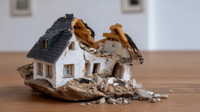 289Damaged scale model of a residential house, leaning precariously on a smooth wooden surface, broken beams and walls illustrating design flaws and building defects
