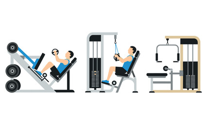 Fitness equipment illustration: weight training and exercise machines for gym design and workout inspiration