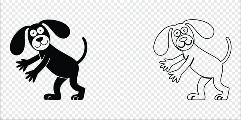Playful Dog Jumping Silhouette and Outline Pair, vector illustration