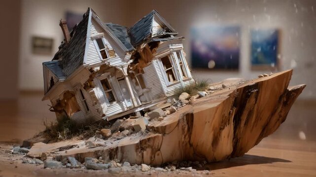 291Damaged scale model of a house with leaning walls and partially collapsed roof, high-resolution detail, resting on natural wood, illustrating construction instability