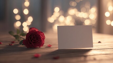 red rose placed beside a blank message card on a softly lit wooden table, warm cinematic glow, delicate shadows, gentle romantic atmosphere, soft
