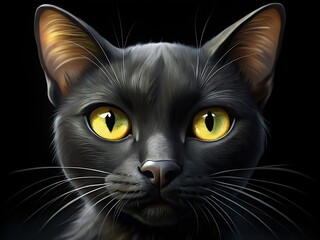 Dramatic portrait of a sleek black cat with intense golden eyes looking forward