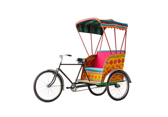 Fototapeta premium Traditional tricycle taxi, vibrant patterned body, covered seating area, Southeast Asian pedicab, tourist transport, isolated on a transparent background