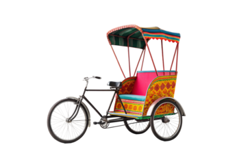 Traditional tricycle taxi, vibrant patterned body, covered seating area, Southeast Asian pedicab, tourist transport, isolated on a transparent background