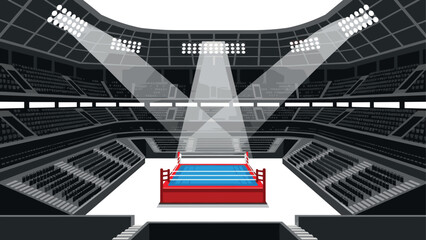 Boxing ring in large arena with dramatic lighting for sports event promotion and design