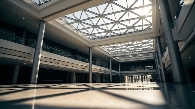 Large atrium interior with columns and geometric ceiling