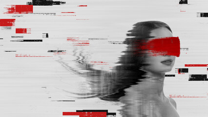 Fototapeta premium Graphic artwork of woman with red glitch streaks over eyes in fragmented black-white portrait. Concept of digital noise, bold editorial style, and expressive visual disruption for modern layouts.