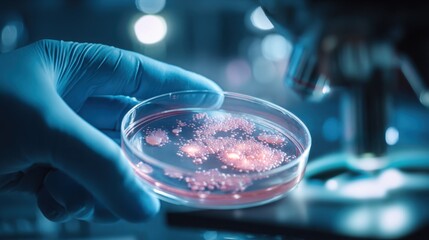 scientist hand holding magnifying lens over a glass petri dish with glowing microbial colonies, cool laboratory lighting, precise biological analysis