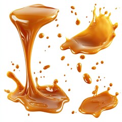 A collection of realistic drops and streams of caramel isolated on a white background